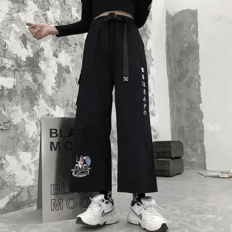 Anime Print Pants Women New Korean Harajuku Loose High Waist Slim Black Trousers with Belt Female Casual Straight Wide Leg Pants