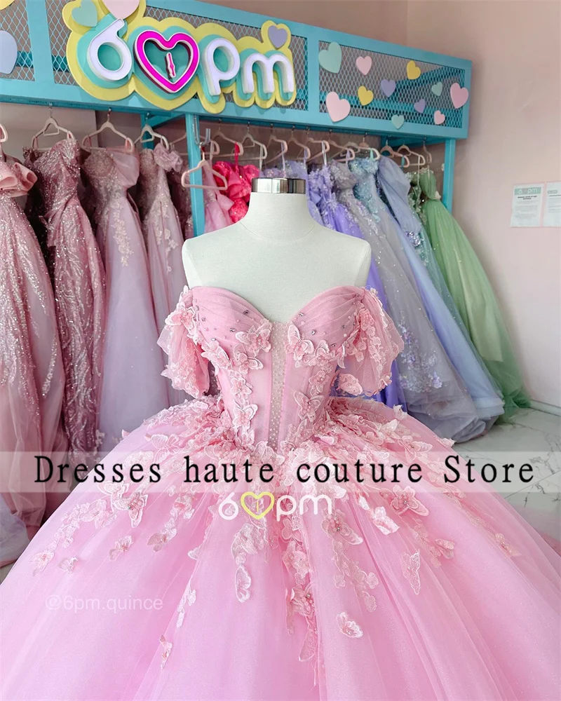 

Розовое кружевное платье Quinceanera с аппликацией, бальное платье 2025 года, с открытыми плечами и бисером, индивидуальное платье Sweet 16, Vestidos De 15 Años