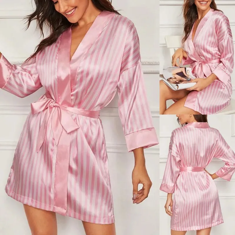 Bata de satén para mujer, estilo kimono, camisón de verano con cuello en V, bata a rayas con cinturón, ropa de dormir nupcial, lencería íntima suelta