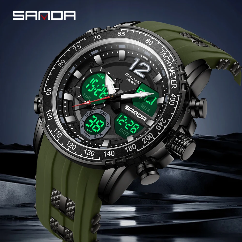 SANDA 6193 Relógio eletrônico com display duplo esportivo multifuncional à prova d'água luz noturna LED relógio eletrônico masculino da moda