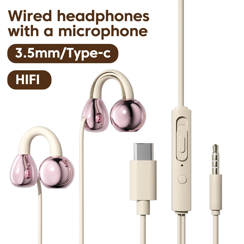 Clip-on Type C/3.5mm Wired Headphones Stereo Sports Music Earbuds Gaming Headsets With HD Mic Earphones For IPhone 15-17 Samsung