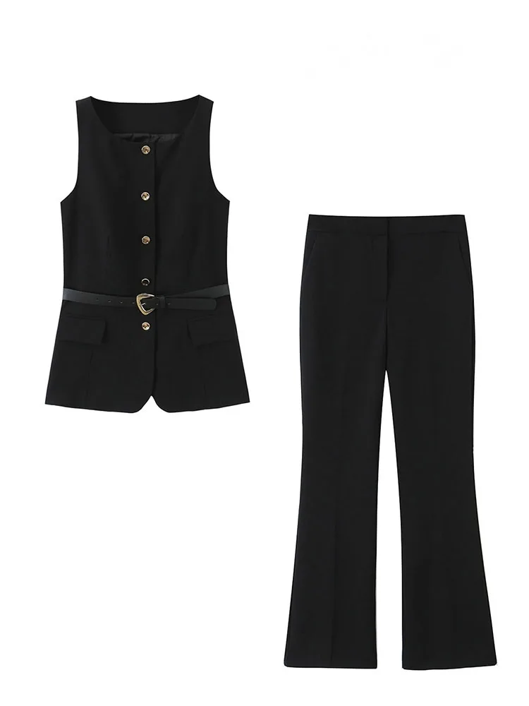 

HH Women Chic Solid Sleeveless Waistband Round Collar Single-breasted Top+Pockets Summer Bell-bottoms Pants 2-Piece Set