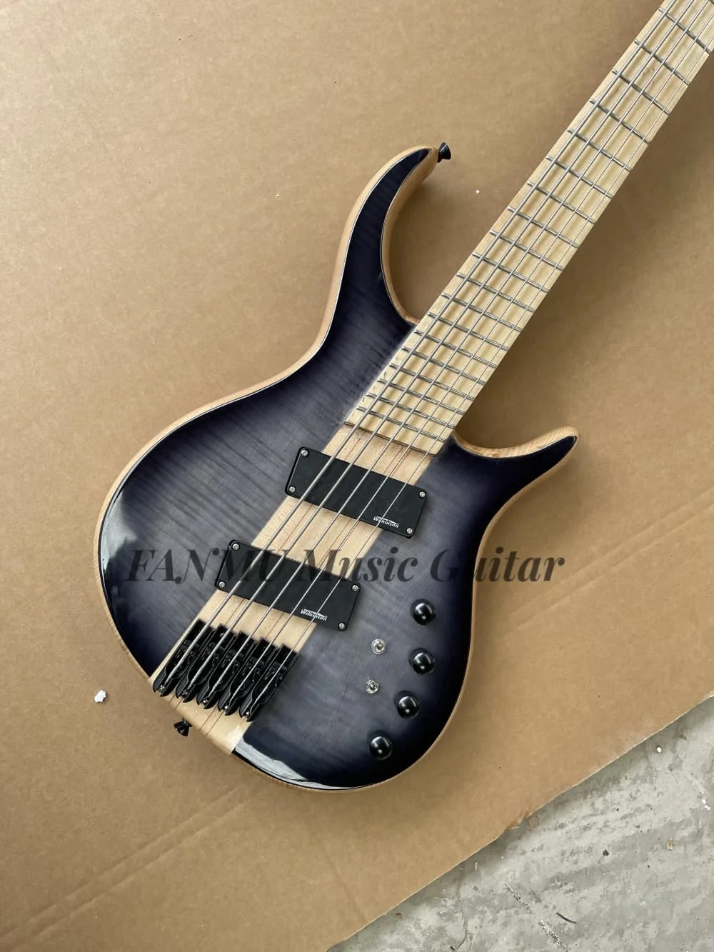 5 strings black bass guitar maple neck through ASH wood body, flamed maple top, fixed bridge, black bridge,fan frets,maple finge