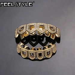 Feel Style Iced Out Teeth Grillz Set For Unisex Cubic Zirconia Stone Top Bottom Box Packing Hip Hop Jewelry For Men Women Gift