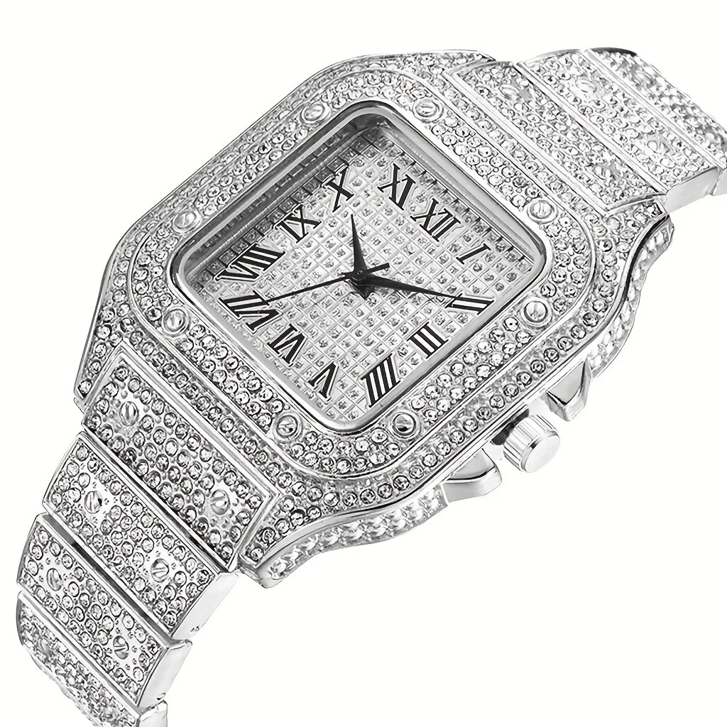 Luxury Classic Golden Men's Steel Strap Roman Scale Rhinestone Calendar Quartz Watch Fashion Male Wristwatch Relogio Masculino