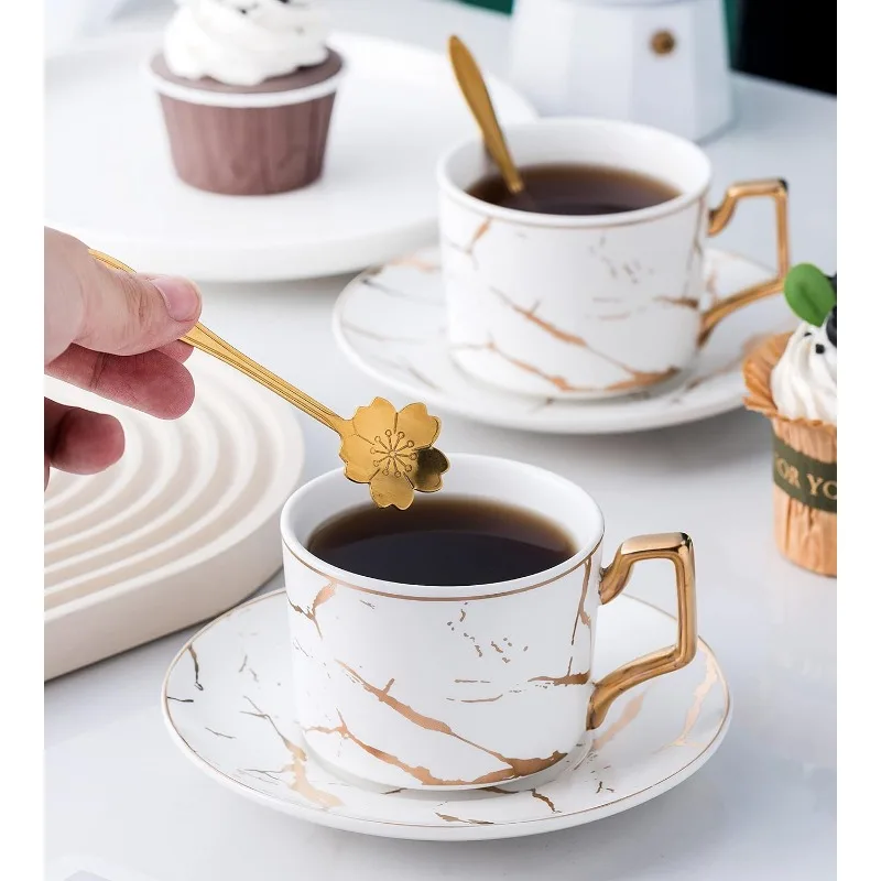 Serve of 4- Hand Printed Golden Matte Ceramic Marble Tea Coffee/Tea Cups with Spoons and Cup Holder, 7OZ -TCS26