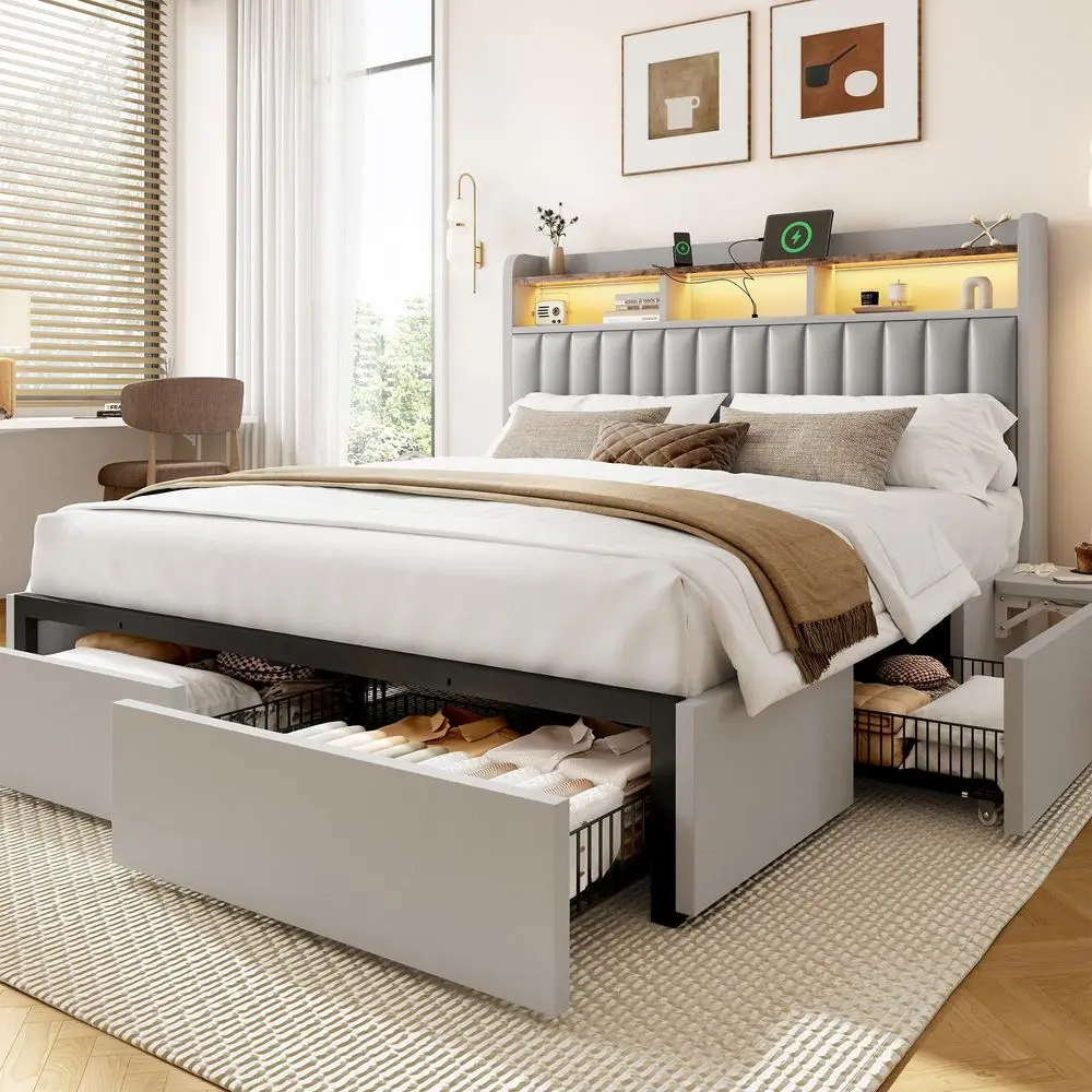 

King Bed Frame with Headboard,4 Storage Drawers,and Builtin Adjustable Desk,Charging Station,Easy Assembly,No Box Spring Needed