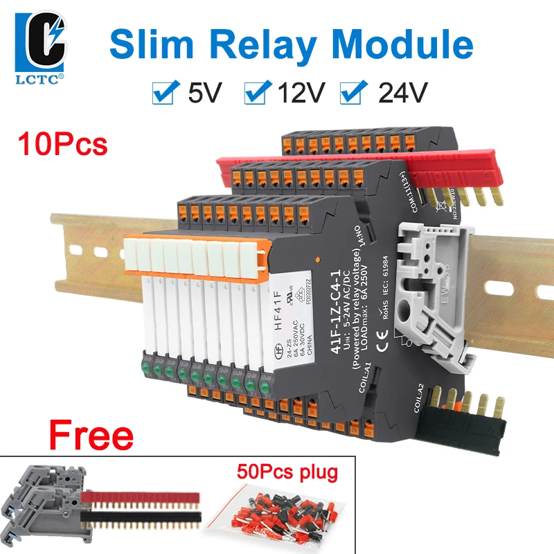 10pcs Slim Relay 5V 12V 24V DIN Rail Mounted Relay Moudle HF 41F SSR 30VDC 250VAC High Frequency Interface Relay With Led 6A