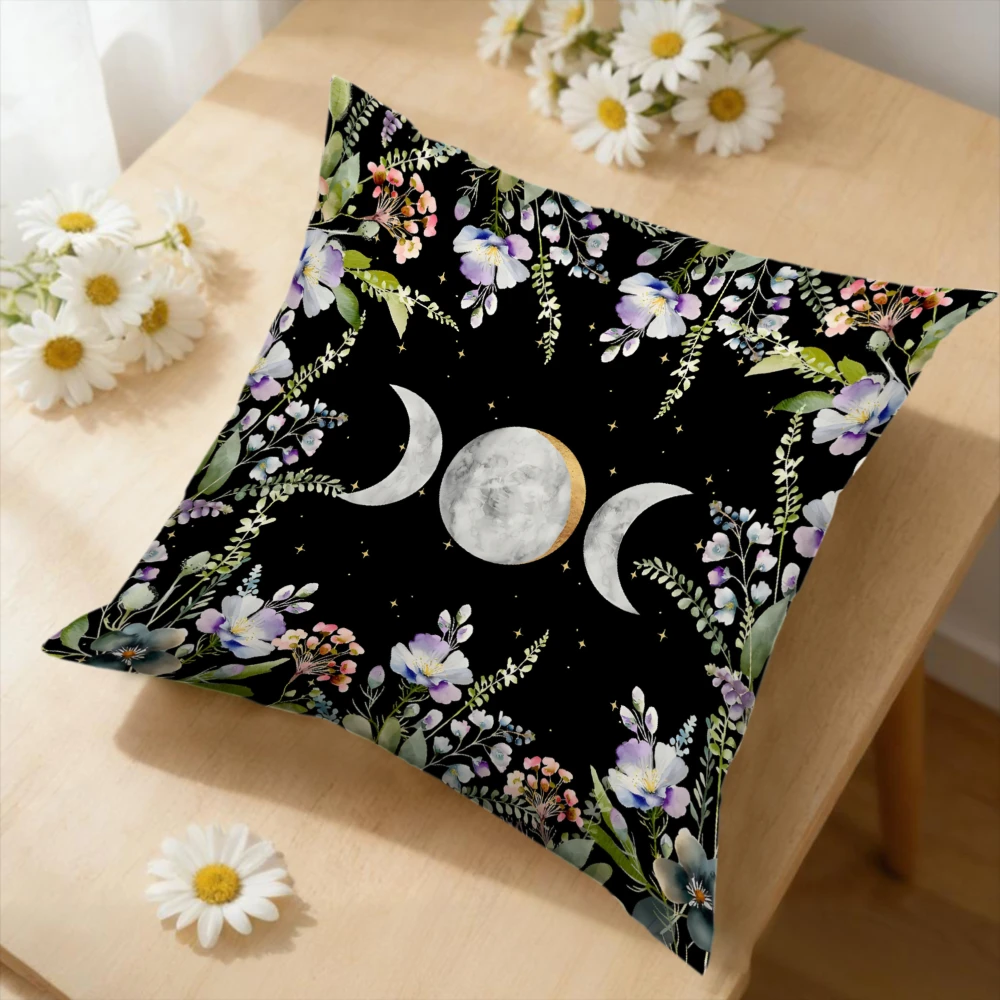 1Pc Bohemian Black Moon Phase Floral Print Cushion Cover Soft Breathable Fabric for Sofa Bed Home Decor