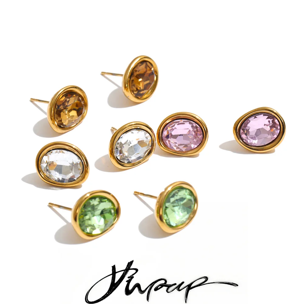 Yhpup Edelstahl Kristall Runde Ohrstecker 18K Goldfarbe PVD-beschichtet Mehrfarbig Gegossener Glänzender Schmuck