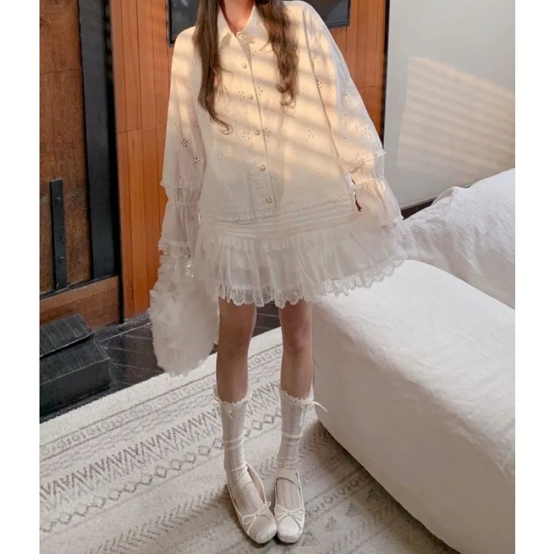 

Lace Lace Splicing Shirt Skirt 2026 Spring and Summer Long Sleeve Korean Version Dress