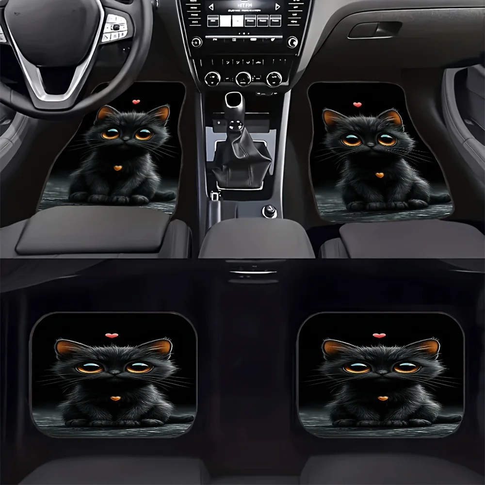 4pcs Black Cat Pattern Car Mats Set, Universal Anti-Slip And Dustproof Front & Rear Floor Mats, Cute Black Cat Print Design For