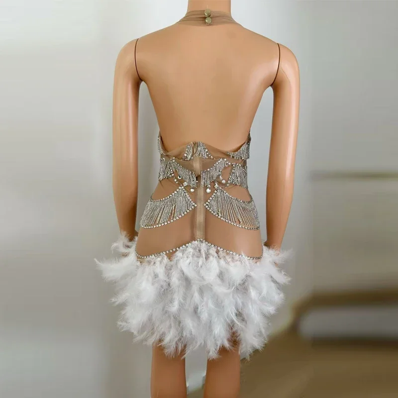 Strass Feder Kleid Frauen Sexy Perspektive Mesh Fransen Kleid Bar Ds Dj Bühne Abend Outfit Rave Tragen