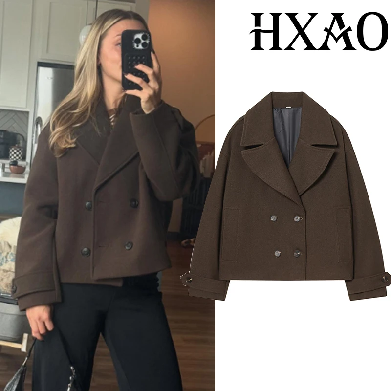 

HXAO Women's Coat Cropped Coat Tweed Jacket Autumn Winter Double-Breasted Button Coats For Woman Long Sleeve Overcoat Female