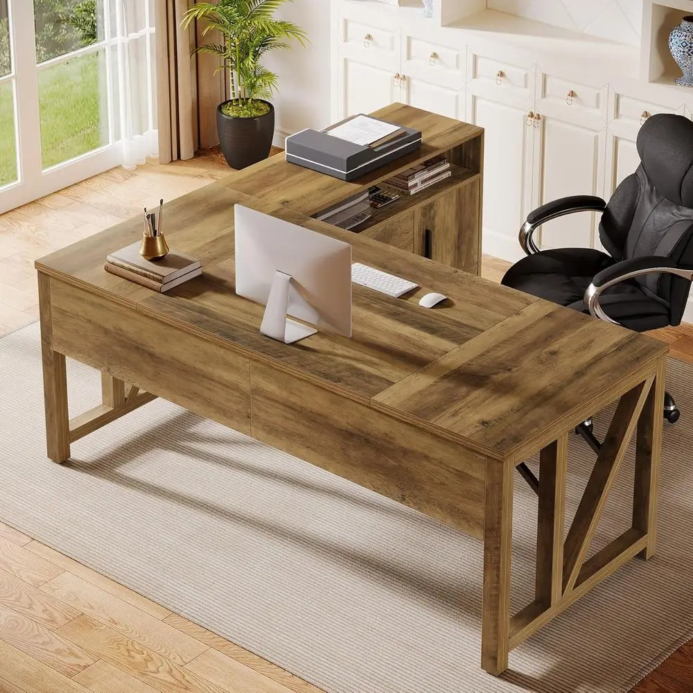 

L Shaped Desk with Der Cabinet, 63" Executive Computer Desk and lateral ile Cabinet, 2 Piece Home Oice urniture with Ders or Han