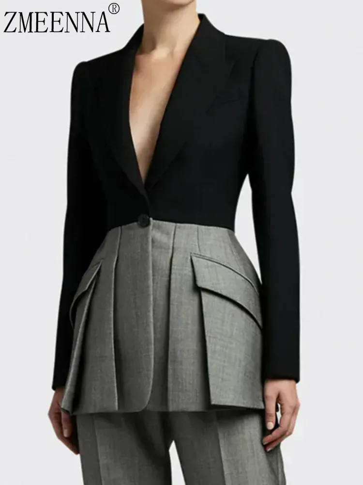 

ZMEENNA Women's Unique Two Tone Blazer Jacket With Structured Bodice Pleated Peplum Hem Chic Fashion Outerwear ZM3342