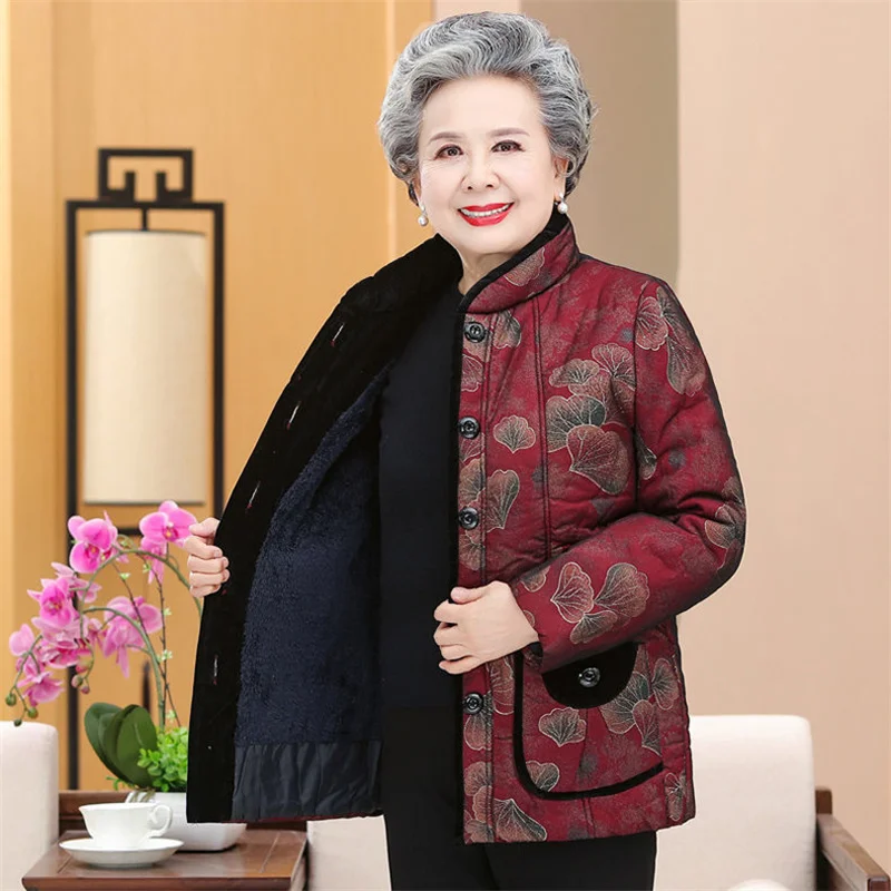 Grandma\'s  Winter Cotton Padded Jacket 60-80 Year Old Mother Warm Outwear Thicken Velvet Warm Parkas Elderly Women Winter Coat