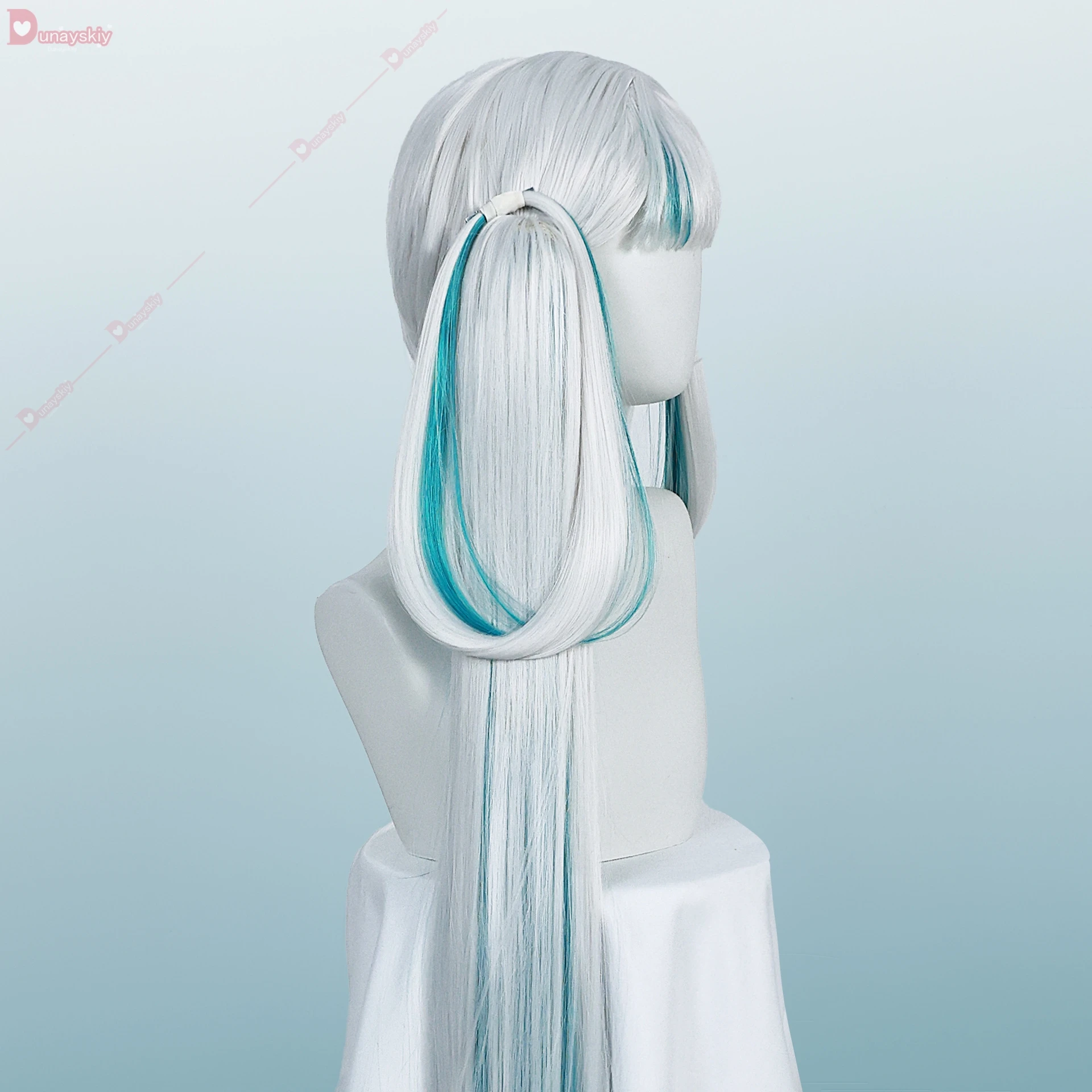 게임 폭풍우 파도 Jinhsi 코스프레 가발, 화이트 블루 헤어, 해본 리뉴얼 더블 포니테일 헤어, 내열성 섬유 장미 가발 그물