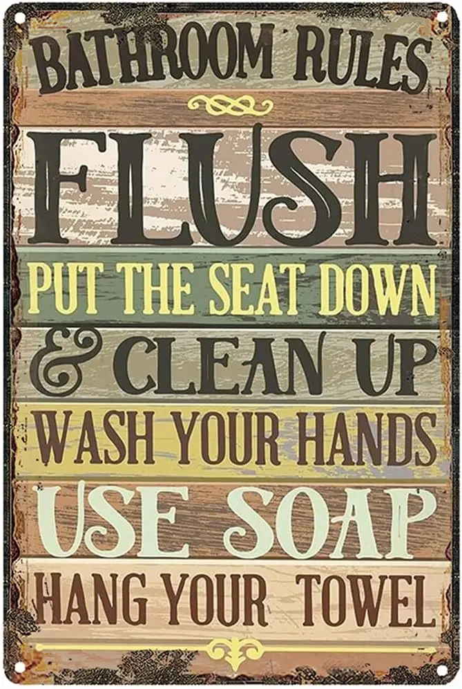 Bathroom Rules Flush Clean Up Wall Decoration - Bathroom ​Metal Signs Artwork - Original Vintage Design Tin Metal Wall Art Print