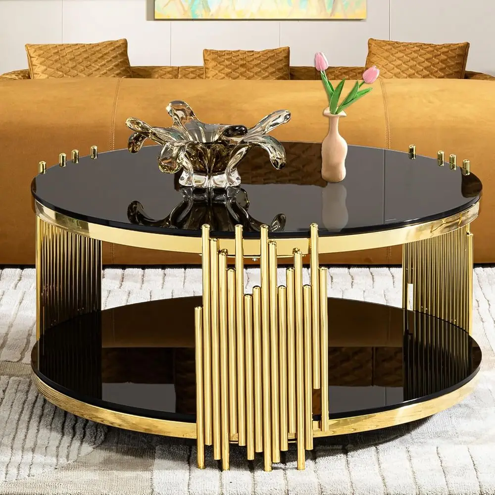 

Elegant 36 Round Glass Coffee Table with Stainless Steel Base and Black Tempered Glass Top for Living Room
