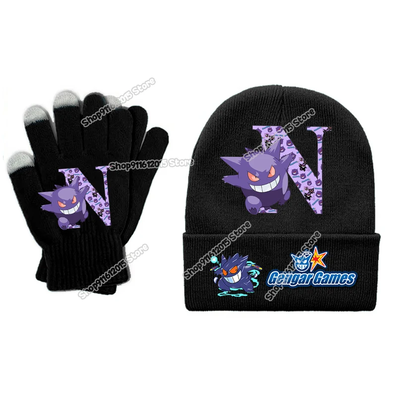 Pokemons gorros para niños guantes traje Gengar letra A-Z mitones tejidos dibujos animados Anime sombrero de invierno niña niño guantes de punto cálidos 2 uds