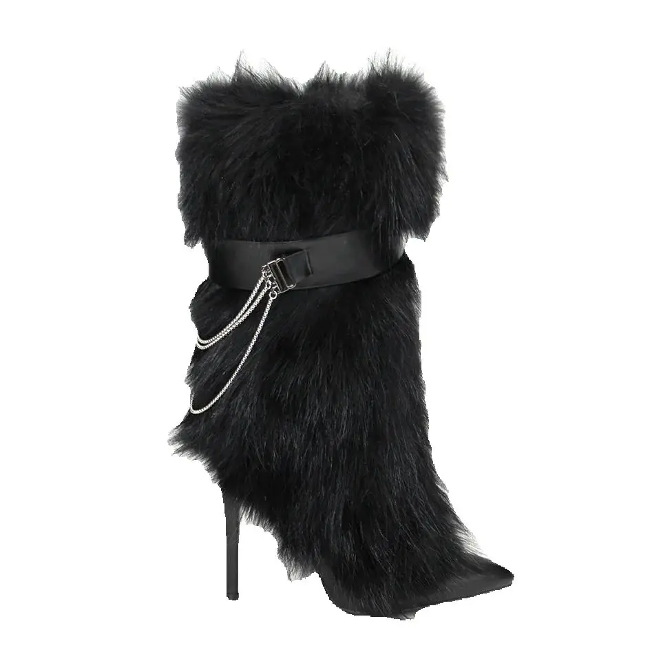 Niche Fur Boots For Women New Autumn Winter Hot Girls Fried Street Pointed Toe Stilettos High Heels Warm Cowhide High-Top Boats
