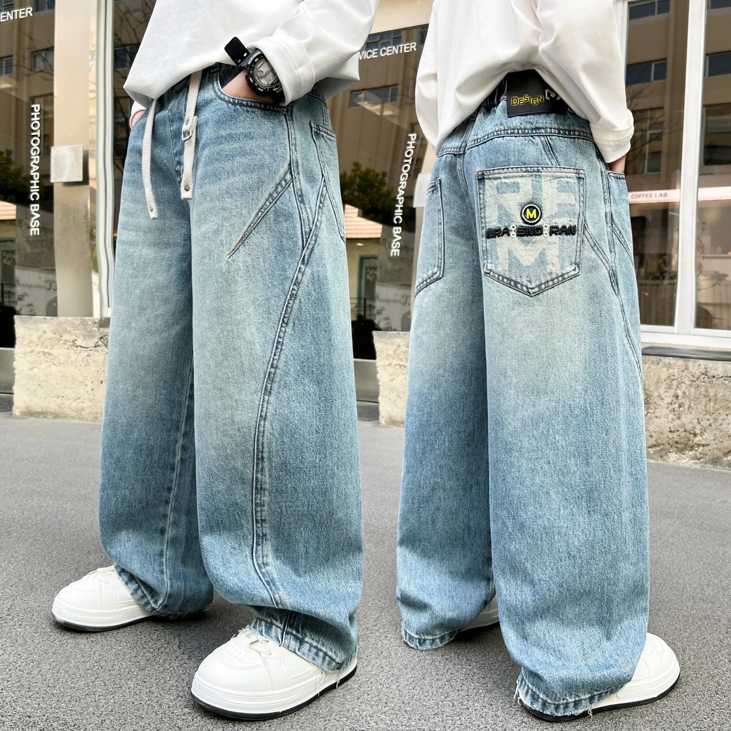 

Casual Cool Boys Jeans Spring Autumn Versatile Letter Print Comfortable Loose Straight Leg Trousers for Middle Large Children