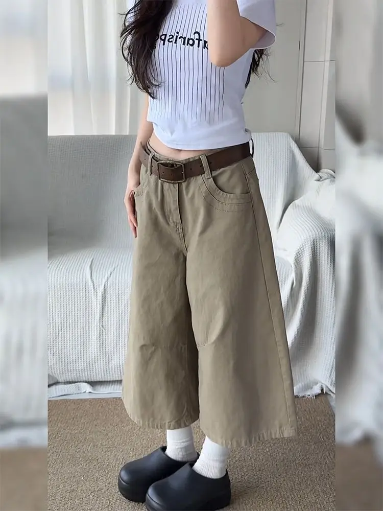 American Vintage Khaki Wide Leg Cropped Jeans For Women High Waist Loose Retro Denim Pants Solid Streetwear Versatile Trousers