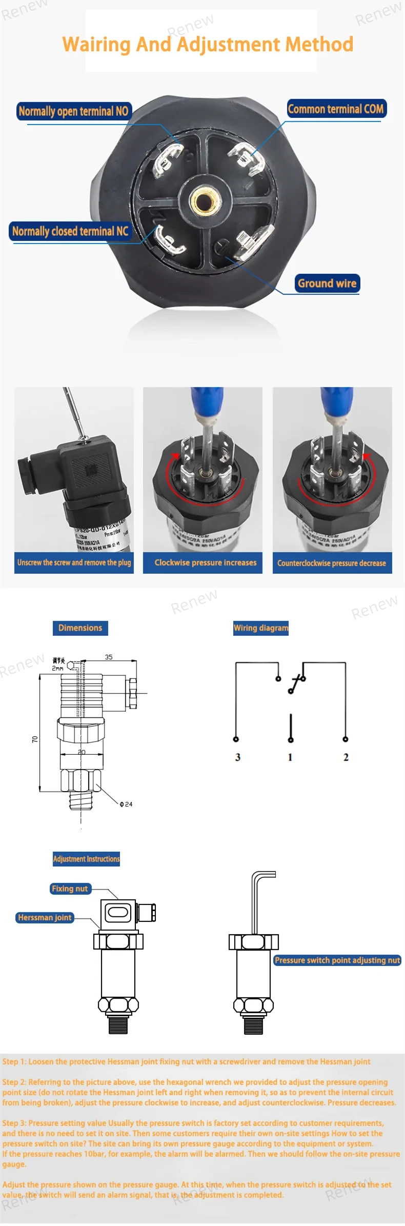 0-400bar Standard Mechanical Pressure Switch Stainless Steel Diaphragm Adjustable Oil Water Diaphragm Piston Pressure Control