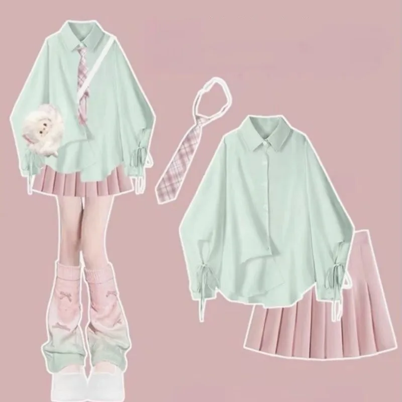 Printemps été femmes Style Preppy chemises à bandes cravate Mini jupes ensemble coréen dame filles Blouse jupe costumes nouveaux hauts solides tenues