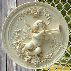 Aluminum Angel Cherub Metal Sign, Wall Art, Decorative 2D Round Relief Plaque, HD Printed, Outdoor, Indoor, Tavern, Home