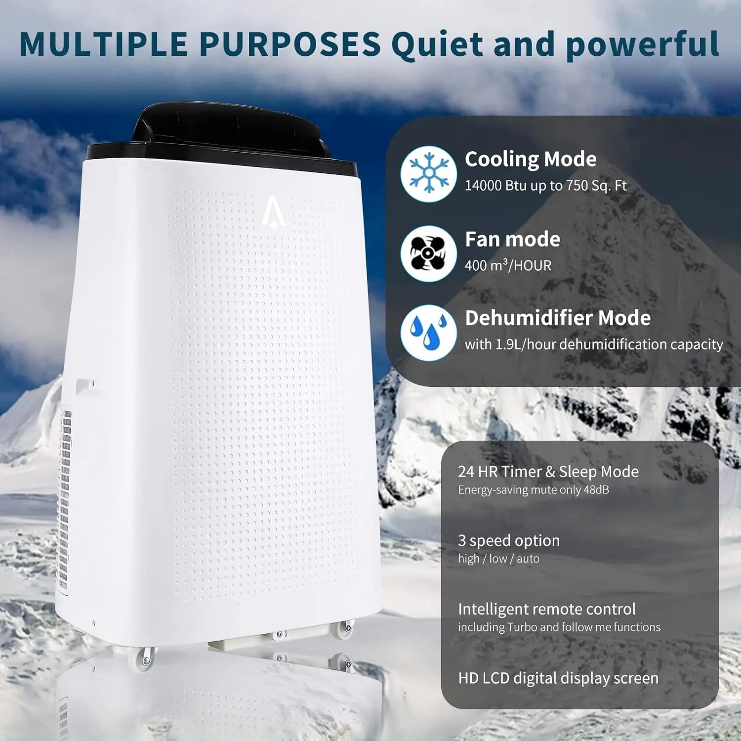 Aire acondicionado portátil para habitación, CA portátil de 14000 BTU con control remoto, función 4 en 1, cobertura de 750 pies cuadrados, blanco