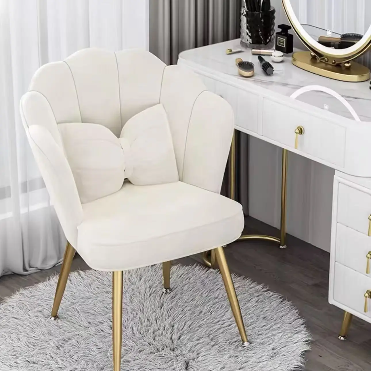 Height Adjustable Living Room Dining Vanity Chair Metal Legs Velvet Accent Makeup Chair Shell Shape for Bedroom