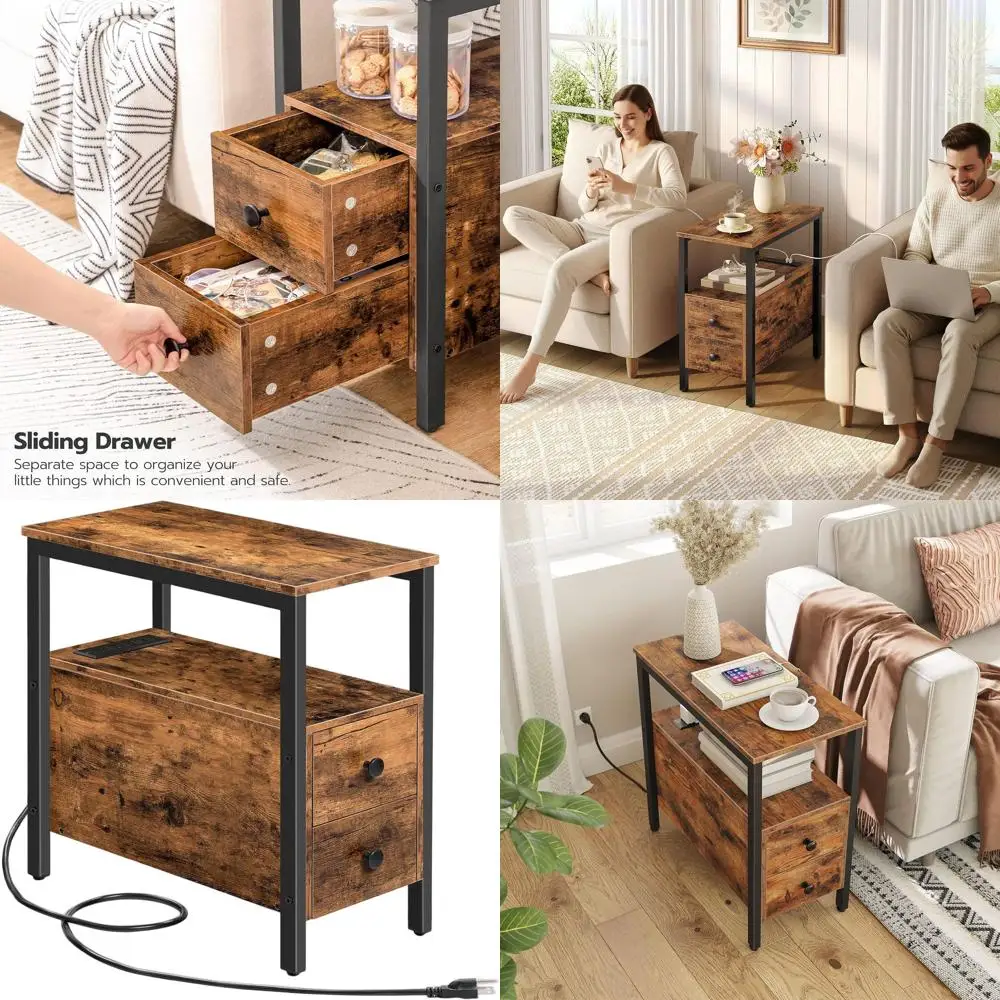 

Прикроватная тумбочка с зарядной станцией, тонкий приставной столик с 2 ящиками, USB-портами и розетками, компактная тумбочка, идеально подходит для гостиной и спальни.