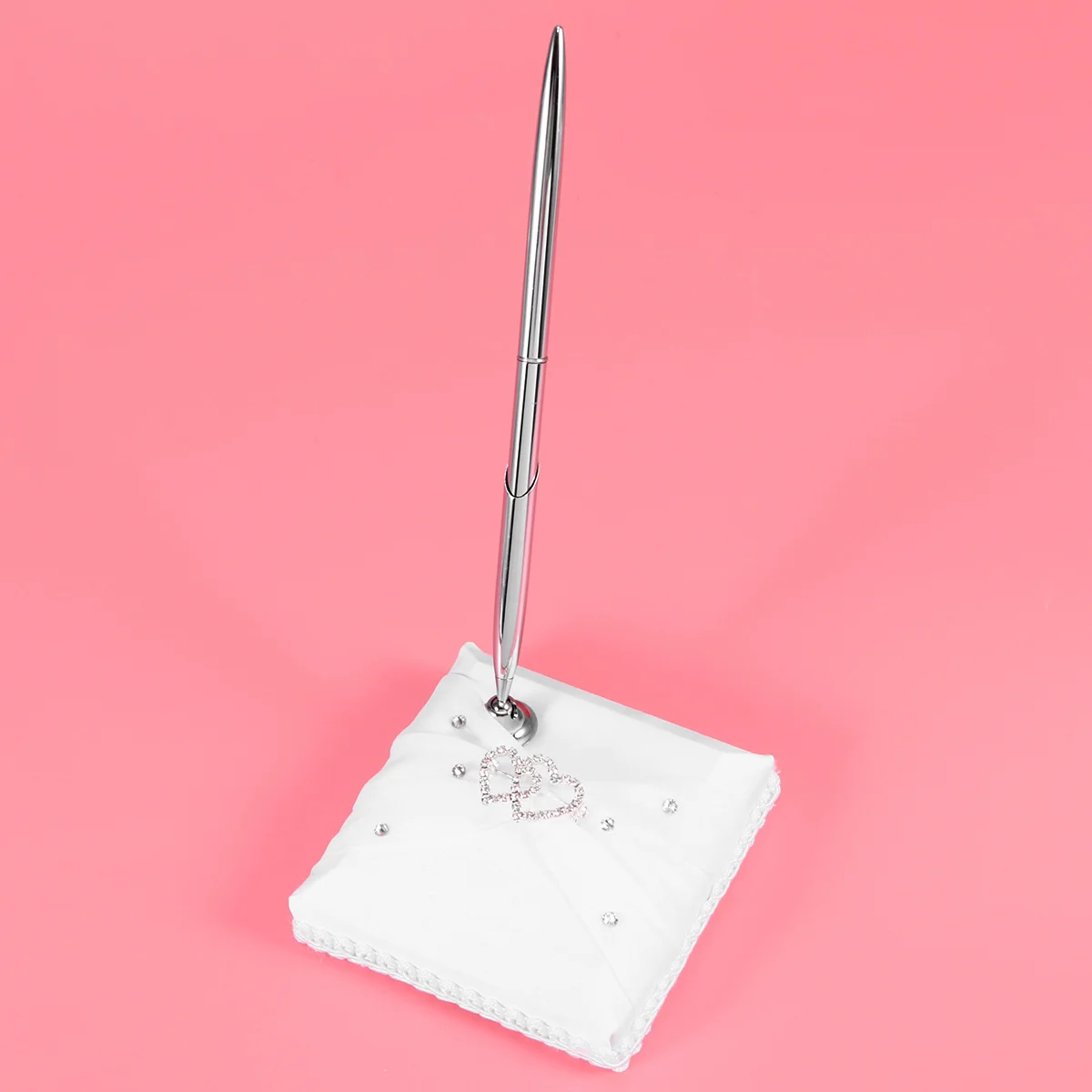 

Satin Wedding Guestbook Set Double Heart Rhinestone Embellished White Includes Pen Pen Holder Wedding Ceremony Accessories