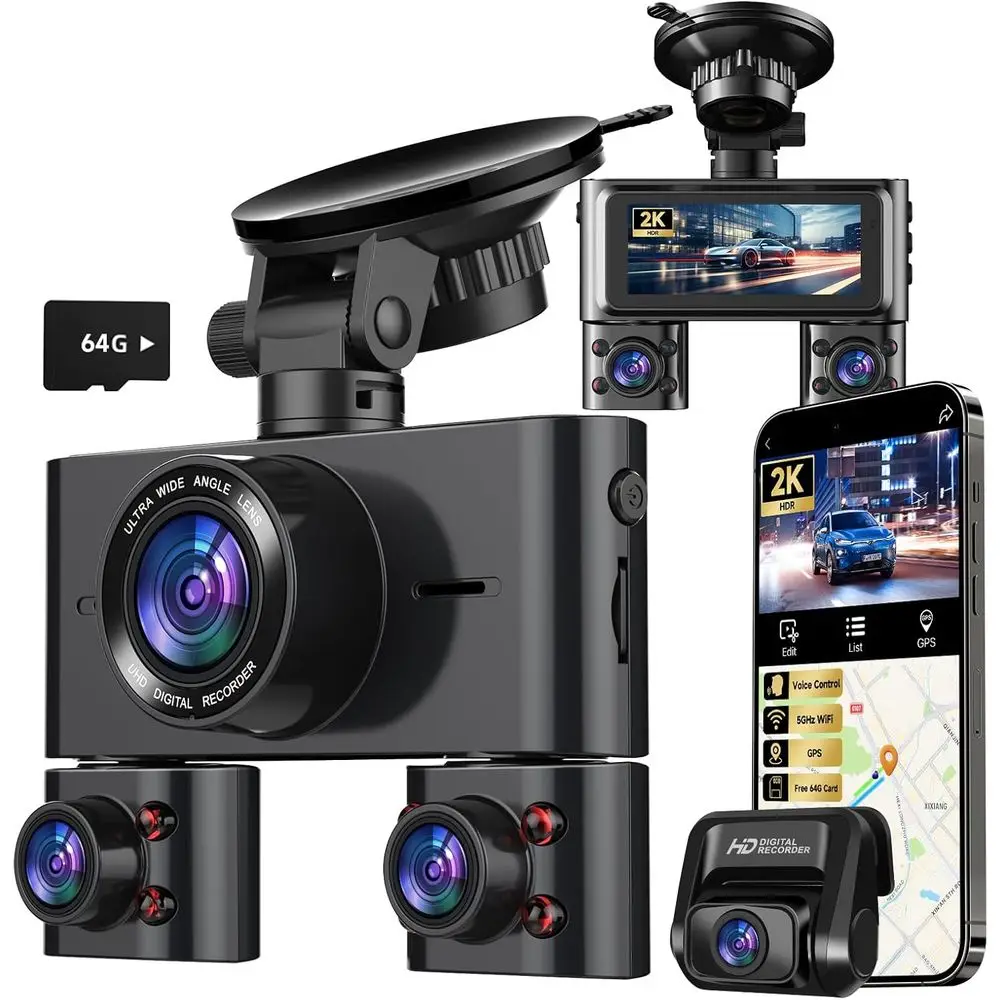 4-Channel 360° HD Car Camera System with 2K Mini Cams, 5G WiFi, GPS, 64GB Card, Voice Control, Night Vision, Parking Monitor V7P