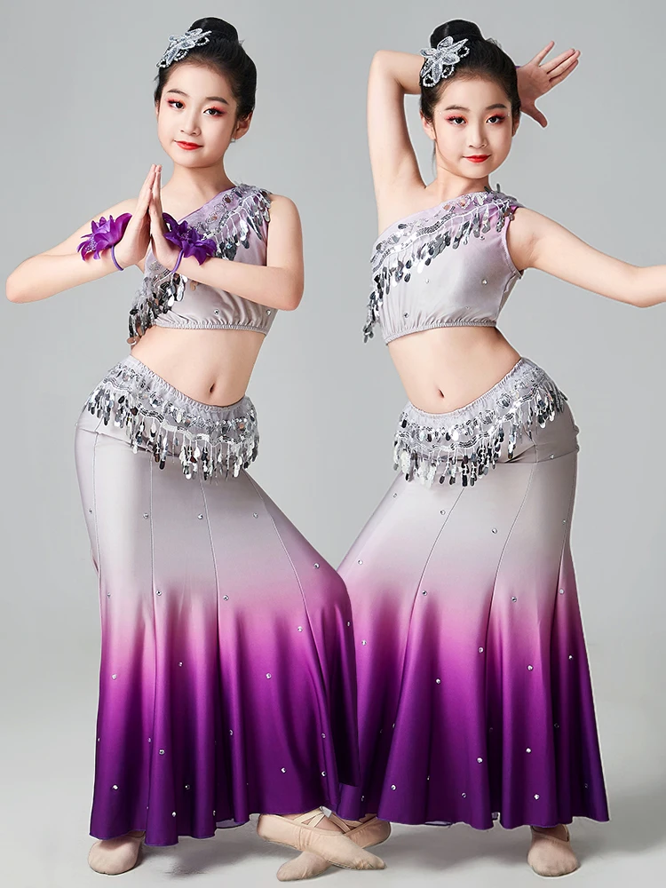 

Girls Ethnic Dai Dance Performance Costume Children's Gradual Color Skirt Solo Dance Outfit Traditional Stage Wear Polyester