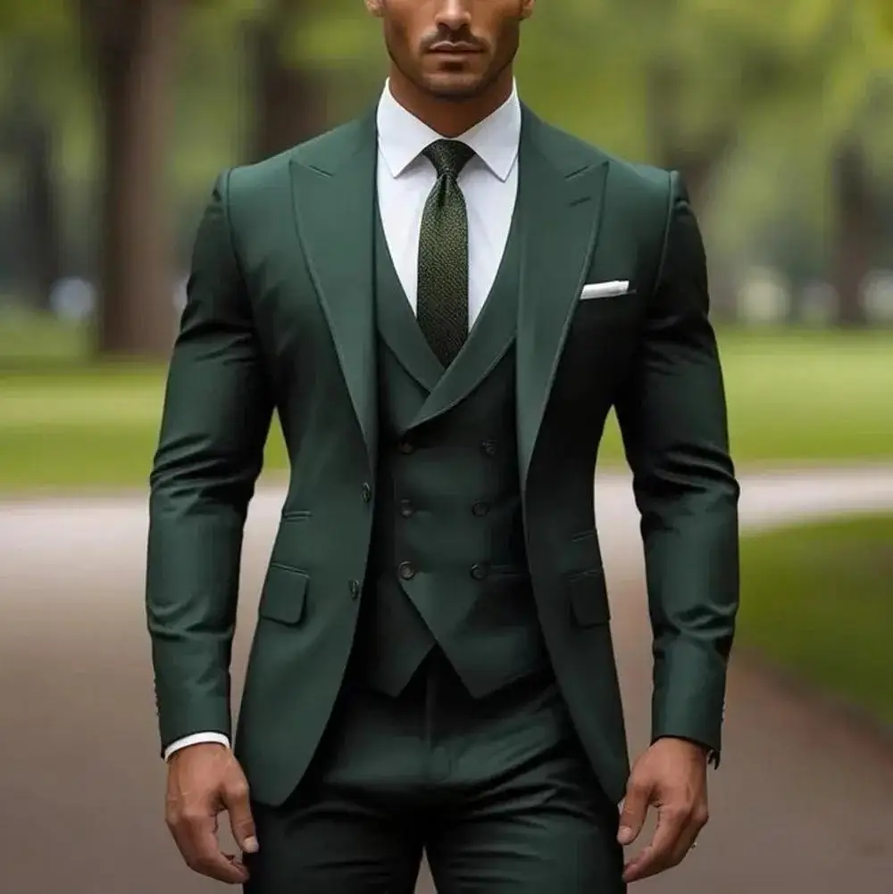 

Men's Slim Fit 3 Piece Dinner Groom Tuxedos Wedding Suits Dark Green Peaked Lapel Jacket Vest Pants For Business Party Prom