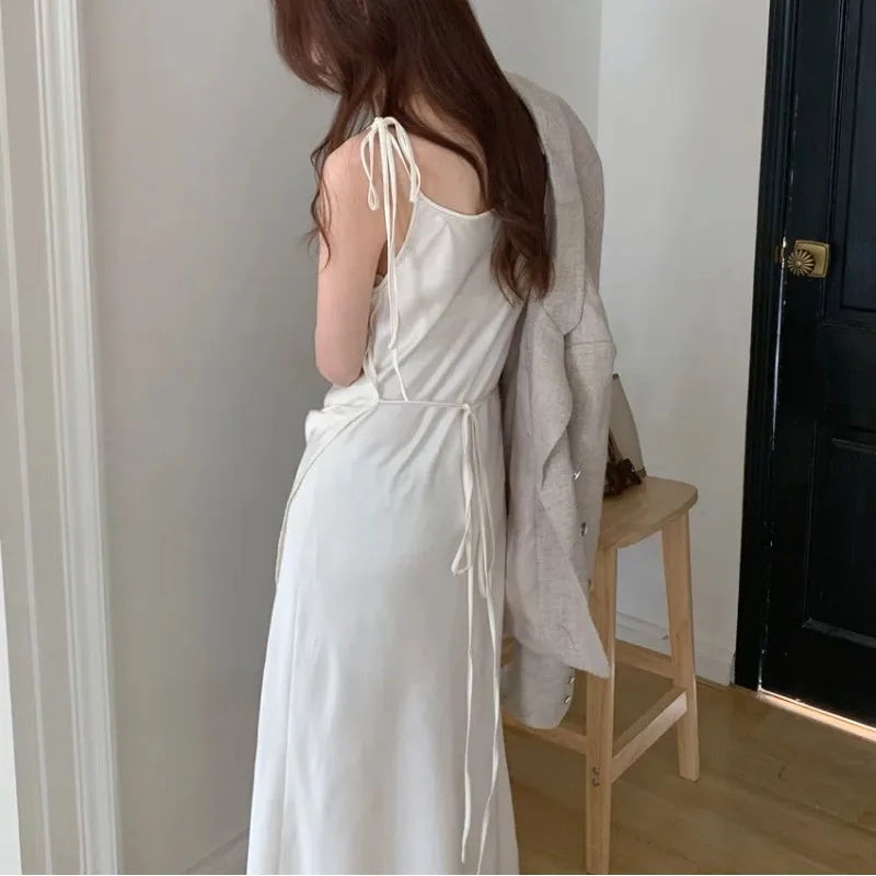 Texture Satin Sleeveless Sling Bandage Long Dress Women Summer High-fashion Edge Slim Waist Spaghetti Strap Sundress Female 2025
