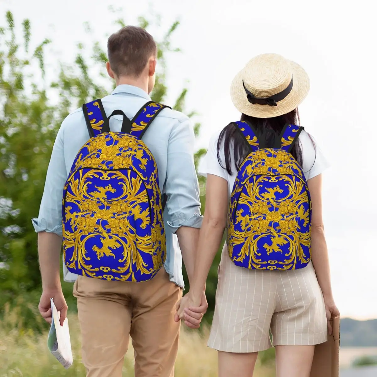 

Rococo Kaleidoscopic Blue And Gold Baroque Student Backpack School Bag Hiking Travel Daypack for Boys Girls Bookbag Shoulder Bag