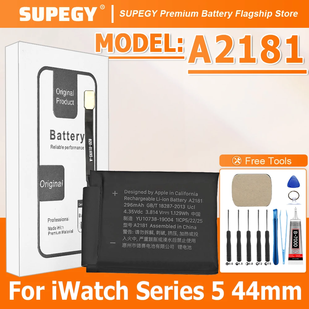

Новый аккумулятор SUPEGY 296 мАч A2181 для iWatch Series 5 44 мм A2181, батареи для умных часов + бесплатные инструменты