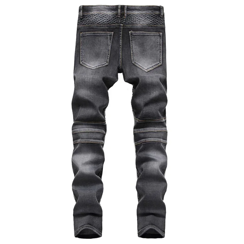 New Men\'s Patchwork Vintage Biker Jeans Hip Hop Slim Straight Elastic Cycling Denim Pants Male Fashion Streetwear Trouser
