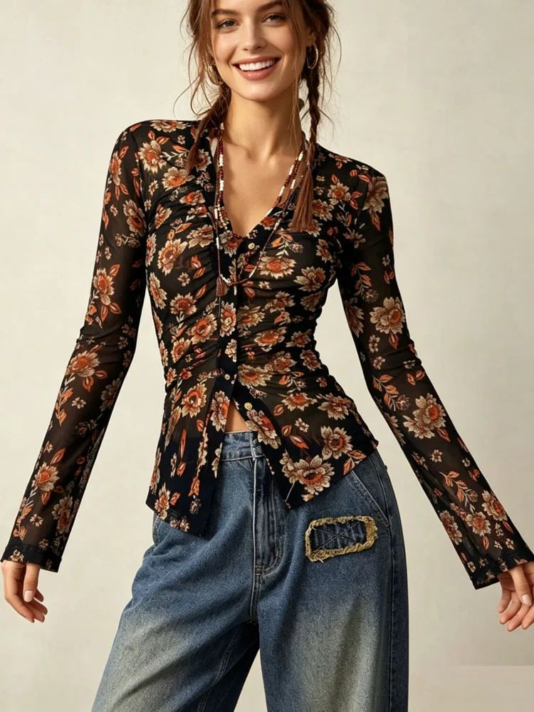 2026 Floral Print Long Sleeve Shirts Spring Elegant V Neck Ruched Button Women's Y2k Blouse Fashion Summer Casual Slim Fit Top