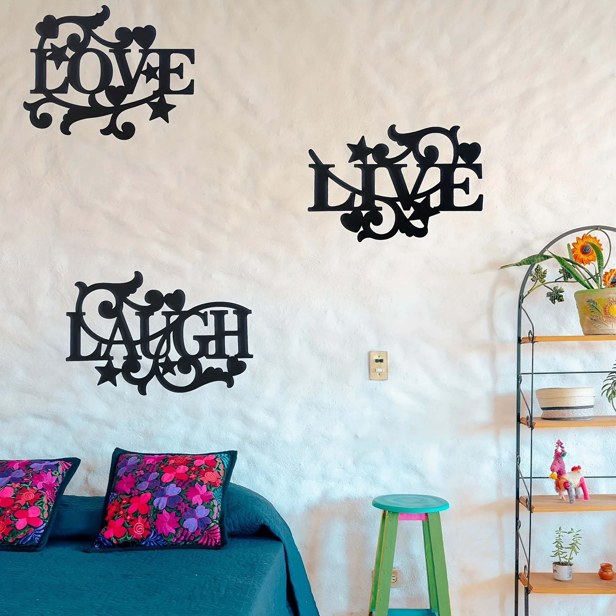 2D Flat Our 3-piece LOVE LIVE LAUGH set in elegant gothic font elevates any space. Bedroom, Kitchen Ornate metal wall decor