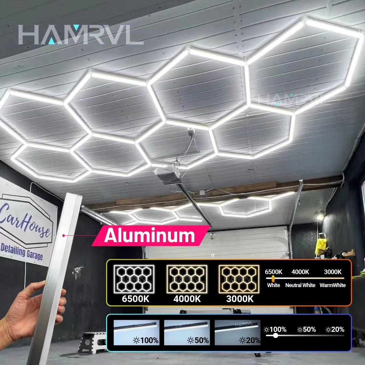 Lampe de garage LED hexagonale à intensité variable, changement de couleur 3000-6000K, éclairage de plafond en nid d'abeille pour salle de sport, salon de coiffure, atelier, réparation automobile 4S