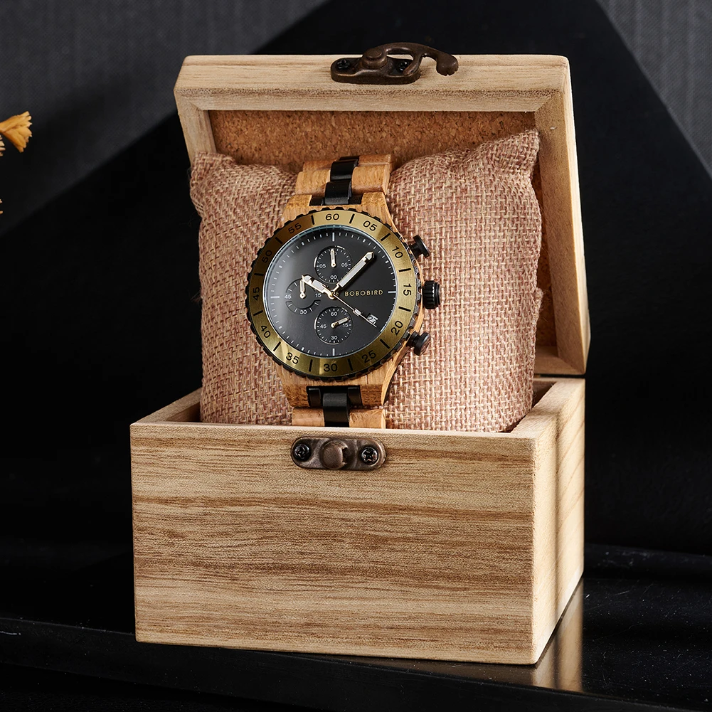 Reloj de madera personalizado para hombre, cronógrafo de lujo, reloj de pulsera deportivo de cuarzo, relojes de madera de nogal BOBO BIRD para hombre, triangulación de envíos
