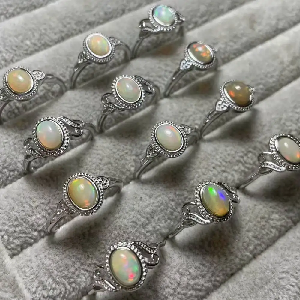 4rings/set AKAC approx5*7mm natural fire opal white copper adjustable ring  wholesale send randomly