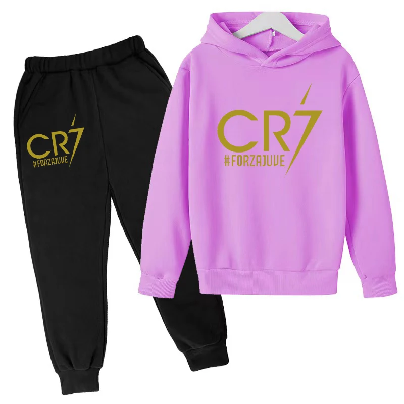 Children 3-12 Years Old Hoodie Football CR7 Print Boys Sweatshirt Girls Toddler Sports Coat Top + Trousers 2P Stylish Casual Set