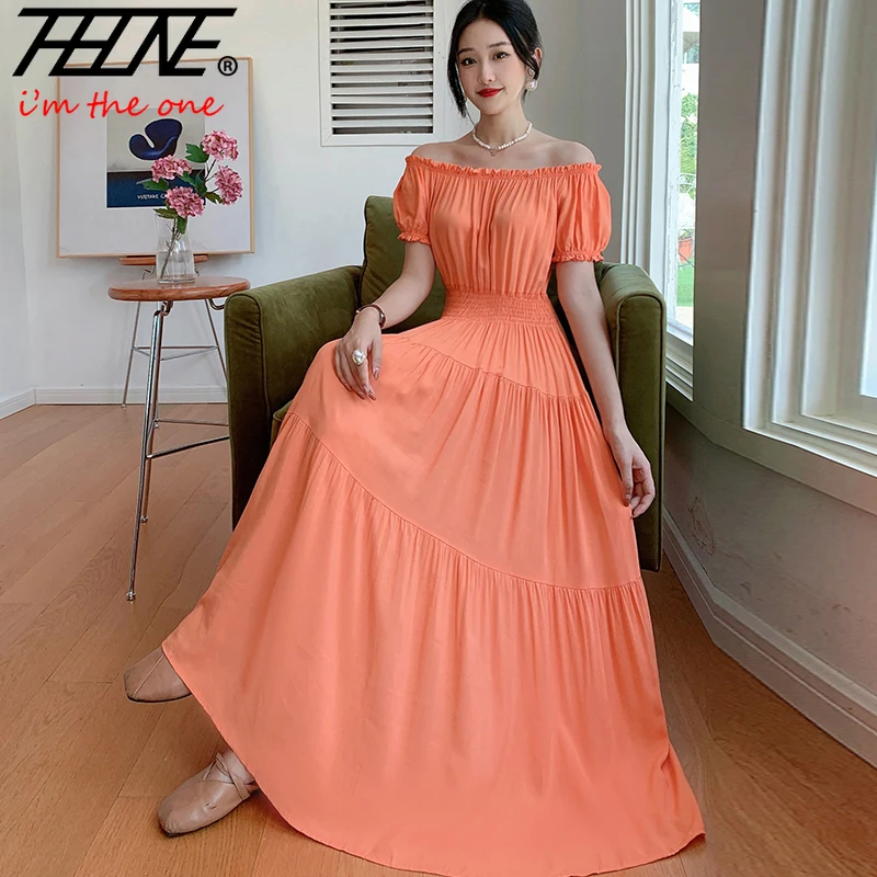 THHONE Vestido Feminino szata sukienka kobiety lato artystyczne wakacje Off The Shoulder plaża Boho w pasie Casual długie sukienki