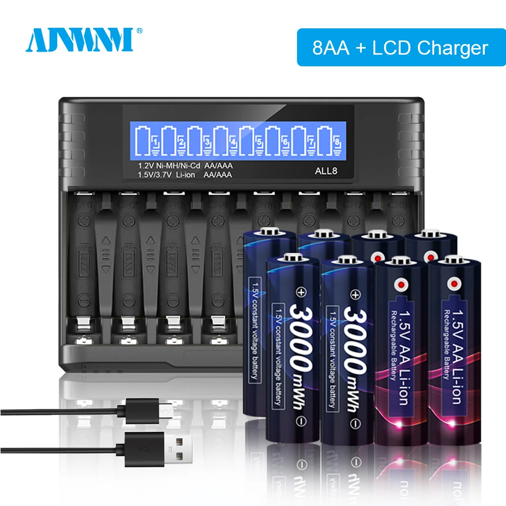 

AJNWNM Original 4Pcs AA1.5V Rechargeable Lithium Battery 3000mWh Large Capacity Li-ion Battery With 8 slot 1.5V Battery Charger